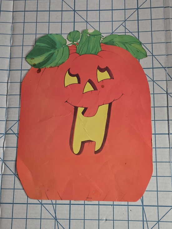 Eureka Other - Orange Pumpkin Wall Decoration with Green Leaf Accents, Die-cut, Vintage